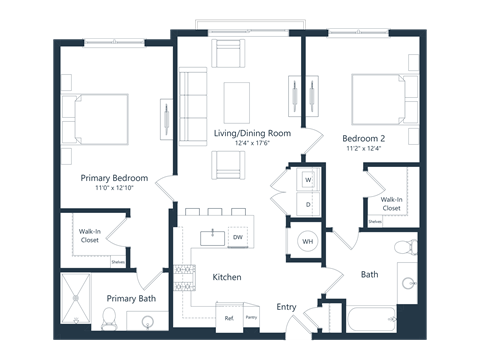Floor plan for 2 beds, 2 baths, 1002 sqft